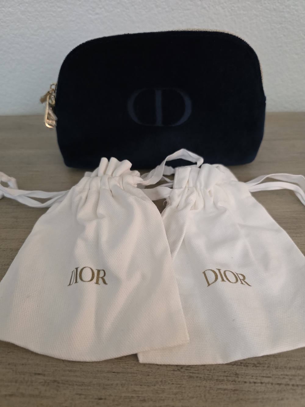 Dior Navy Velvet Cosmetic Pouch And Two Duster Bags